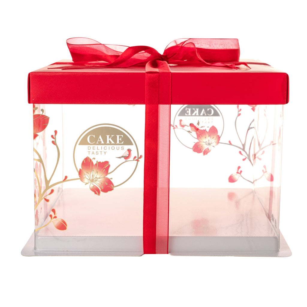 Sweet Vision Square Clear Plastic Cake Box - Red Lid / Ribbon, White Base, Flower / Bird Accent - 8 1/2" x 8 1/2" x 6 3/4" - 10 count box