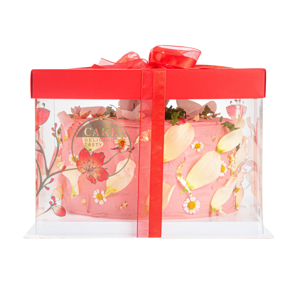Sweet Vision Square Clear Plastic Cake Box - Red Lid / Ribbon, White Base, Flower / Bird Accent - 8 1/2" x 8 1/2" x 6 3/4" - 10 count box