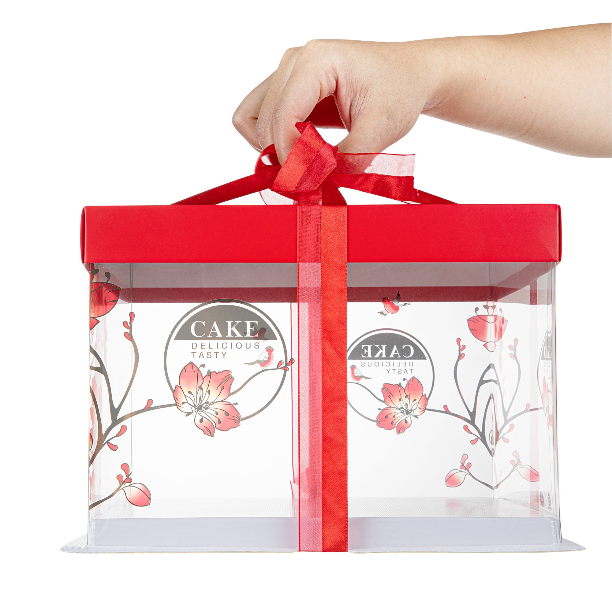 Sweet Vision Square Clear Plastic Cake Box - Red Lid / Ribbon, White Base, Flower / Bird Accent - 8 1/2" x 8 1/2" x 6 3/4" - 10 count box