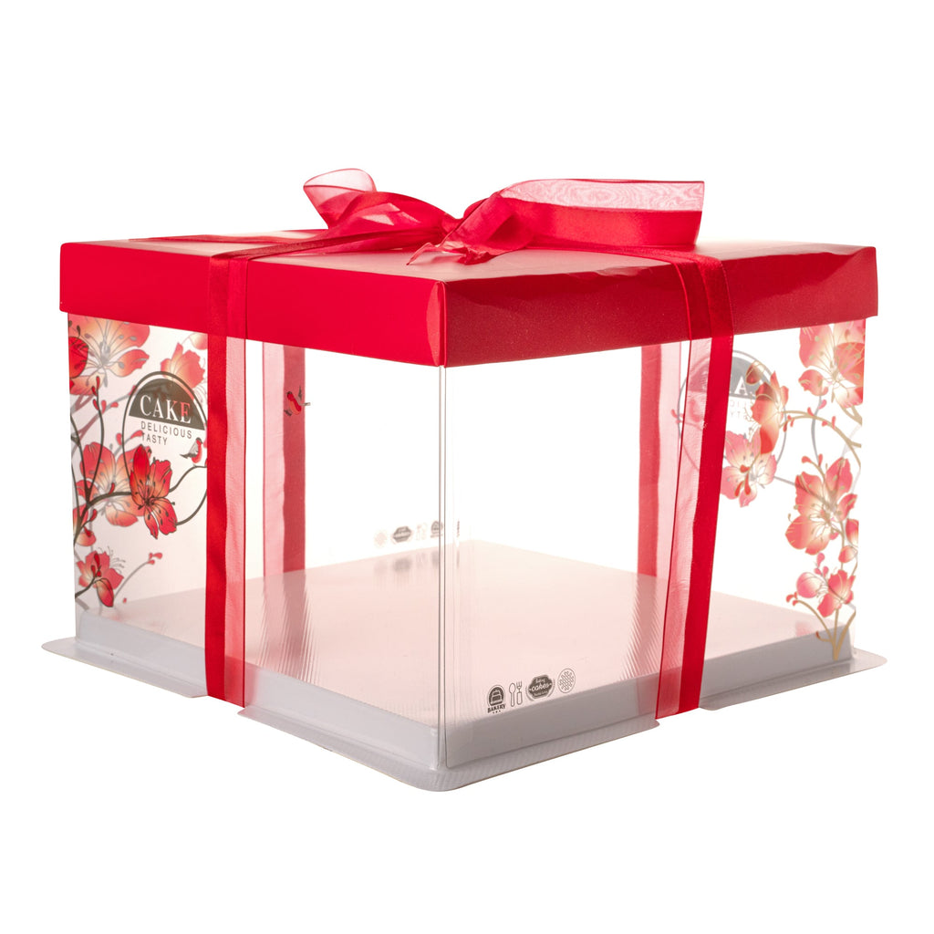 Sweet Vision Square Clear Plastic Cake Box - Red Lid / Ribbon, White Base, Flower / Bird Accent - 8 1/2" x 8 1/2" x 6 3/4" - 10 count box