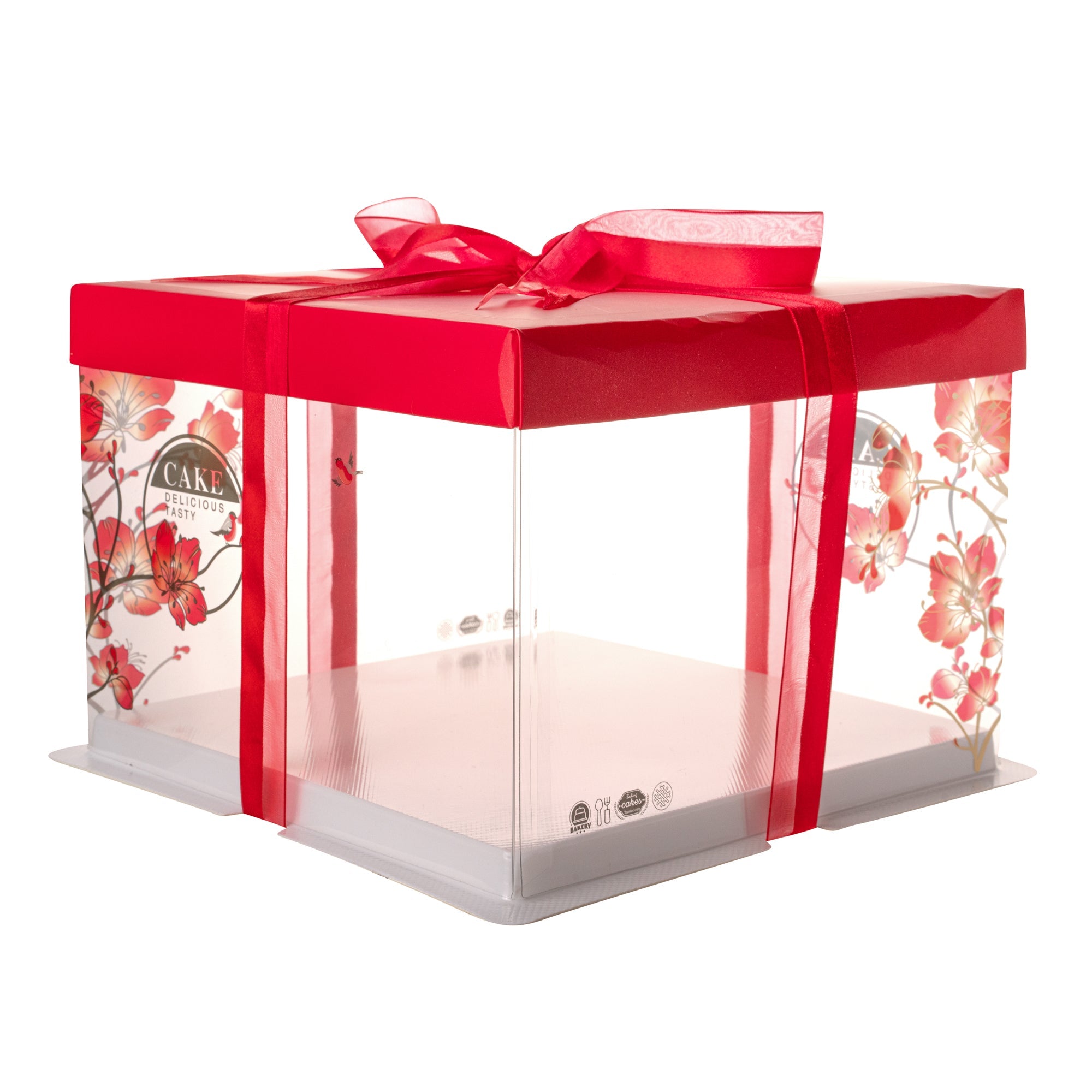 Sweet Vision Square Clear Plastic Cake Box - Red Lid / Ribbon, White Base, Flower / Bird Accent - 8 1/2" x 8 1/2" x 6 3/4" - 10 count box