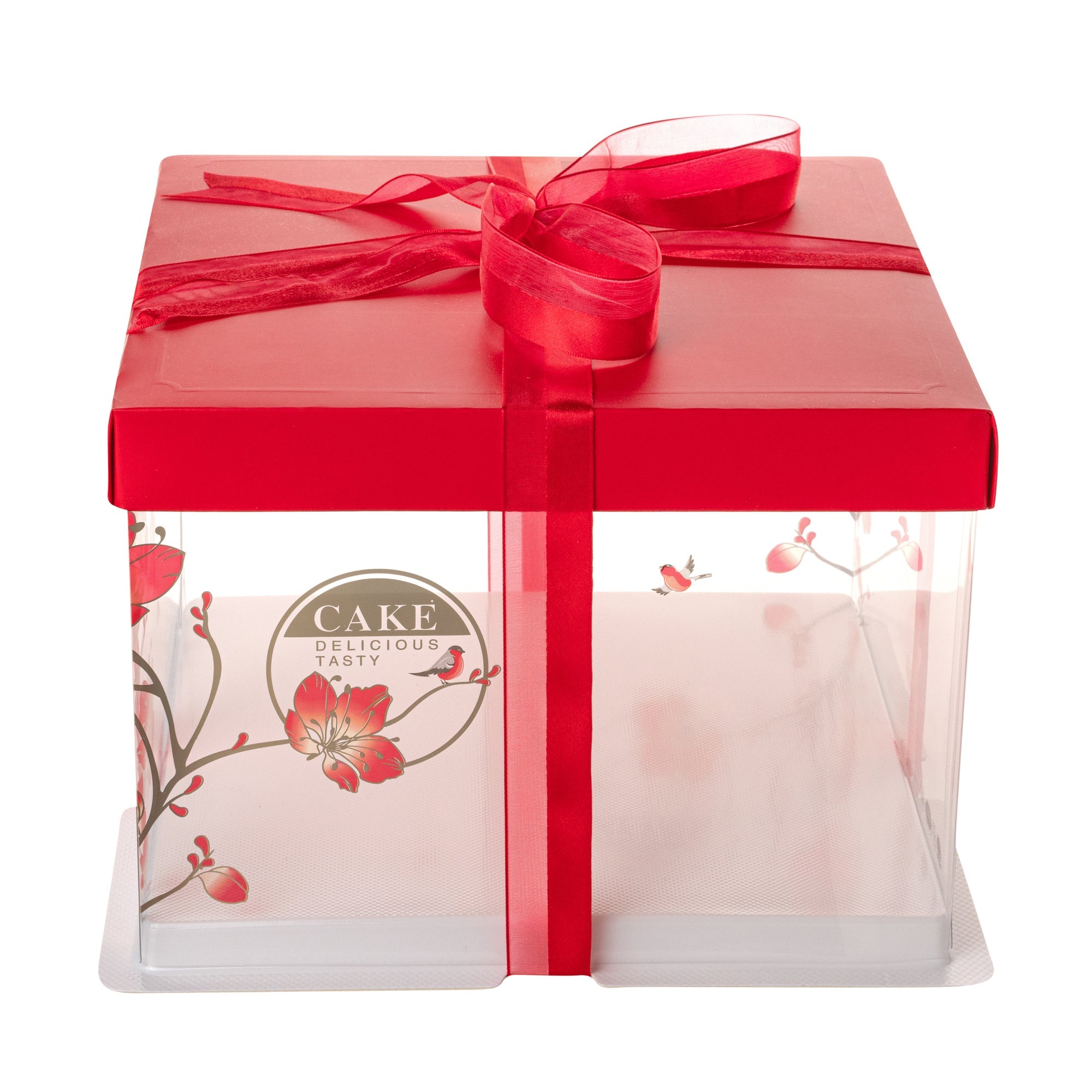 Sweet Vision Square Clear Plastic Cake Box - Red Lid / Ribbon, White Base, Flower / Bird Accent - 8 1/2" x 8 1/2" x 6 3/4" - 10 count box