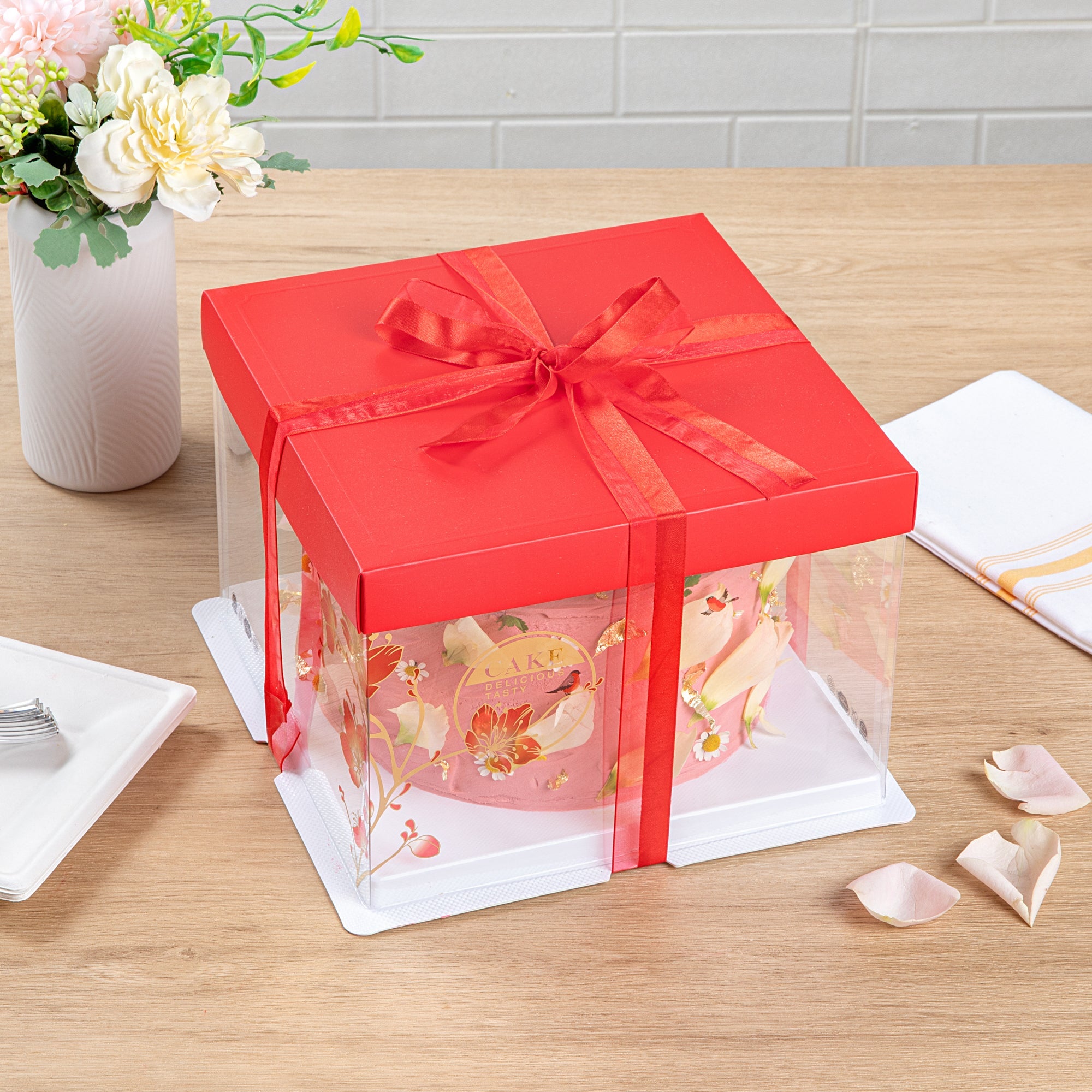 Sweet Vision Square Clear Plastic Cake Box - Red Lid / Ribbon, White Base, Flower / Bird Accent - 8 1/2" x 8 1/2" x 6 3/4" - 10 count box