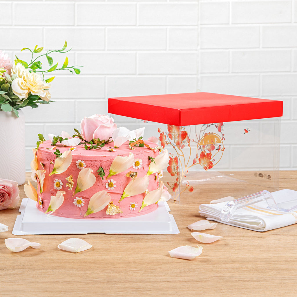 Sweet Vision Square Clear Plastic Cake Box - Red Lid / Ribbon, White Base, Flower / Bird Accent - 8 1/2" x 8 1/2" x 6 3/4" - 10 count box