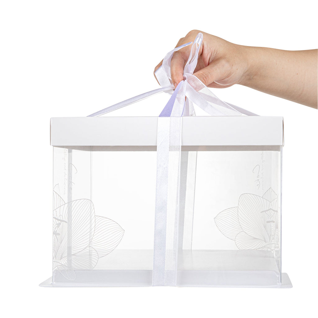 Sweet Vision Square Clear Plastic Cake Box - White Lid and White Base, Gray Ribbon, Lotus Accent - 8 1/2" x 8 1/2" x 6 3/4" - 10 count box
