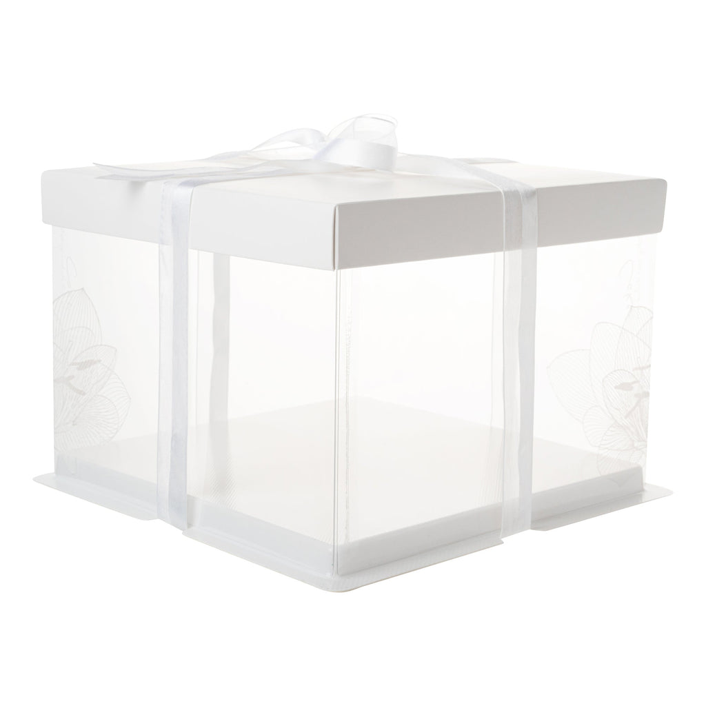 Sweet Vision Square Clear Plastic Cake Box - White Lid and White Base, Gray Ribbon, Lotus Accent - 8 1/2" x 8 1/2" x 6 3/4" - 10 count box