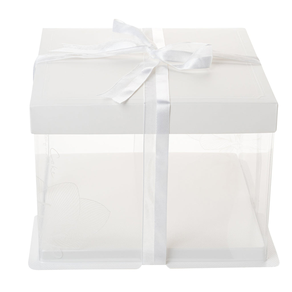 Sweet Vision Square Clear Plastic Cake Box - White Lid and White Base, Gray Ribbon, Lotus Accent - 8 1/2" x 8 1/2" x 6 3/4" - 10 count box