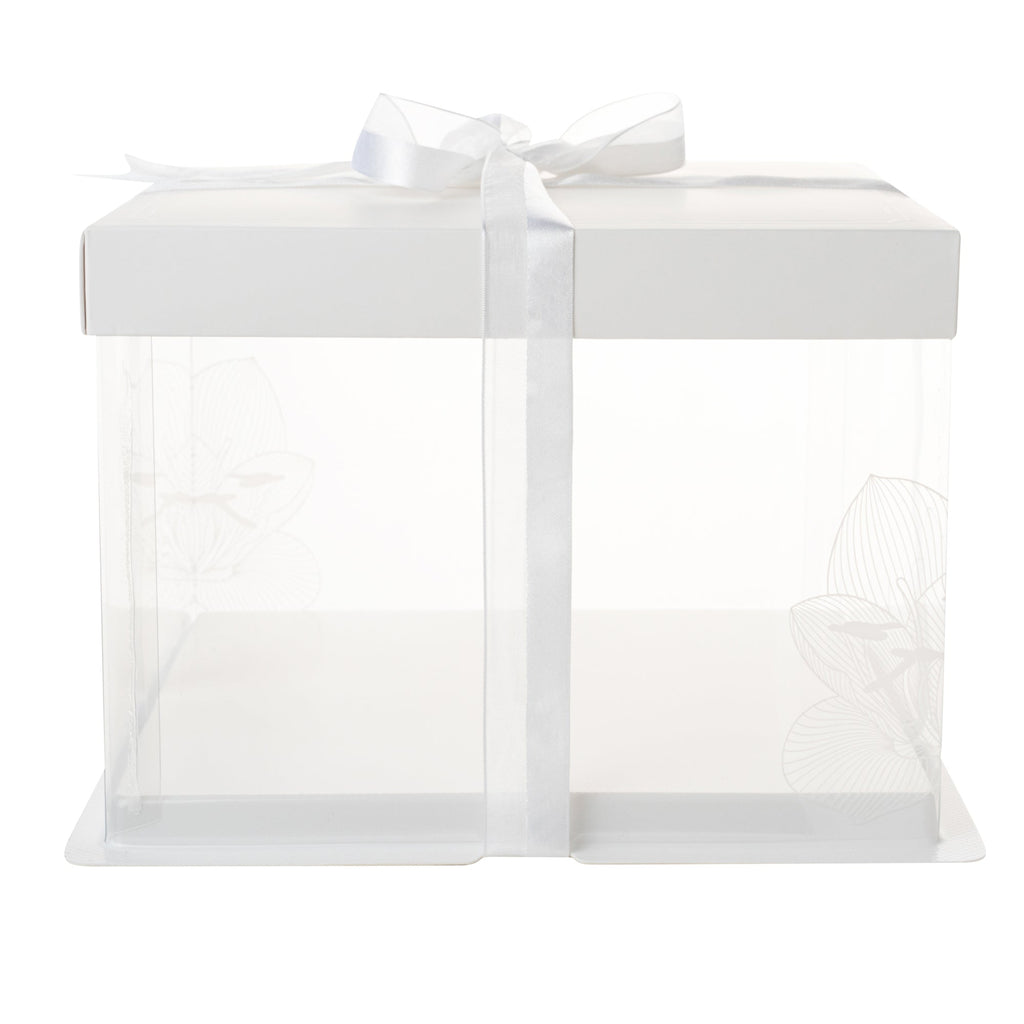 Sweet Vision Square Clear Plastic Cake Box - White Lid and White Base, Gray Ribbon, Lotus Accent - 8 1/2" x 8 1/2" x 6 3/4" - 10 count box