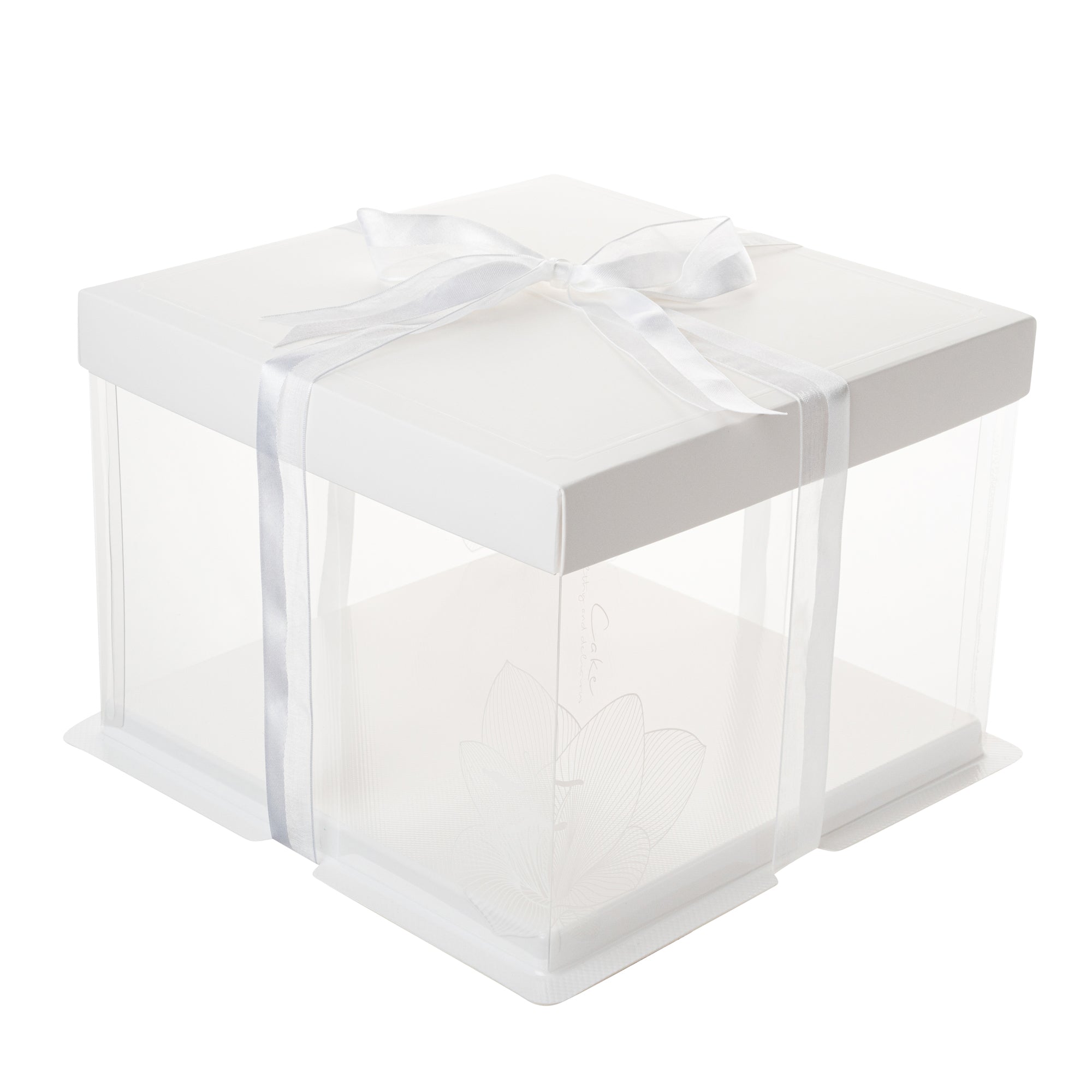Sweet Vision Square Clear Plastic Cake Box - White Lid and White Base, Gray Ribbon, Lotus Accent - 8 1/2" x 8 1/2" x 6 3/4" - 10 count box