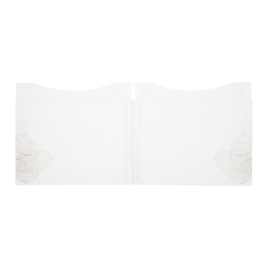 Sweet Vision Square Clear Plastic Cake Box - White Lid and White Base, Gray Ribbon, Lotus Accent - 8 1/2" x 8 1/2" x 6 3/4" - 10 count box