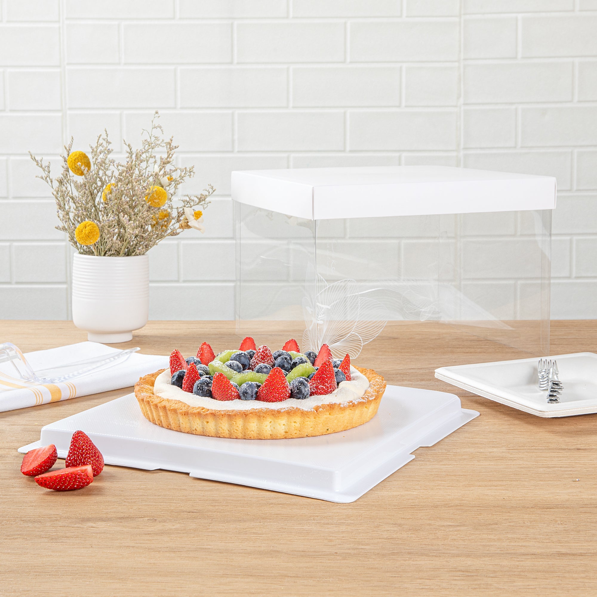 Sweet Vision Square Clear Plastic Cake Box - White Lid and White Base, Gray Ribbon, Lotus Accent - 8 1/2" x 8 1/2" x 6 3/4" - 10 count box