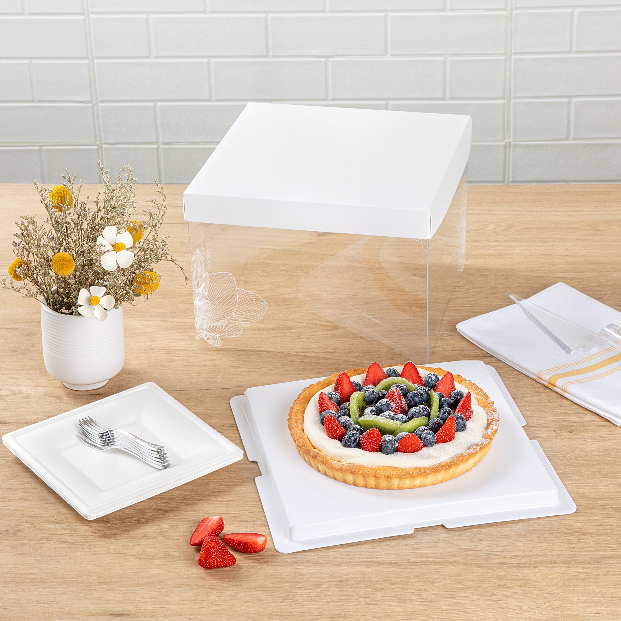 Sweet Vision Square Clear Plastic Cake Box - White Lid and White Base, Gray Ribbon, Lotus Accent - 8 1/2" x 8 1/2" x 6 3/4" - 10 count box