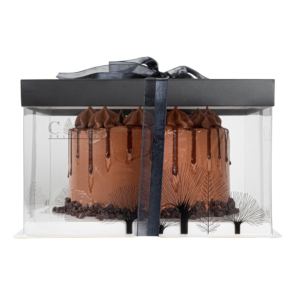 Sweet Vision Square Clear Plastic Cake Box - Black Lid and White Base, Black Ribbon, Tree Accent - 10" x 10" x 8 1/4" - 10 count box