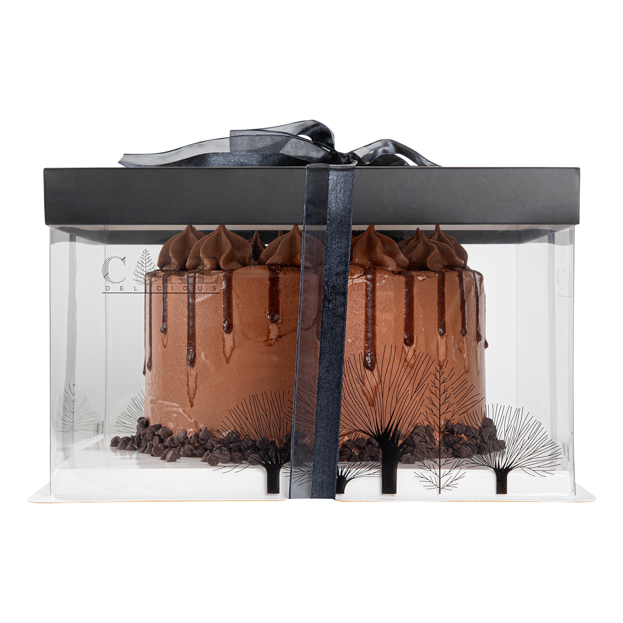 Sweet Vision Square Clear Plastic Cake Box - Black Lid and White Base, Black Ribbon, Tree Accent - 10" x 10" x 8 1/4" - 10 count box