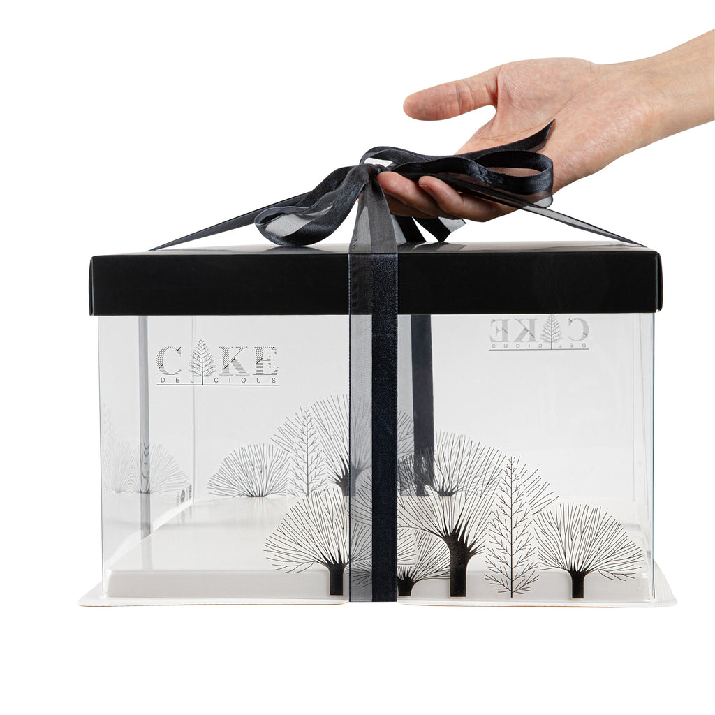 Sweet Vision Square Clear Plastic Cake Box - Black Lid and White Base, Black Ribbon, Tree Accent - 10" x 10" x 8 1/4" - 10 count box