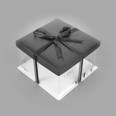 Sweet Vision Square Clear Plastic Cake Box - Black Lid and White Base, Black Ribbon, Tree Accent - 10" x 10" x 8 1/4" - 10 count box