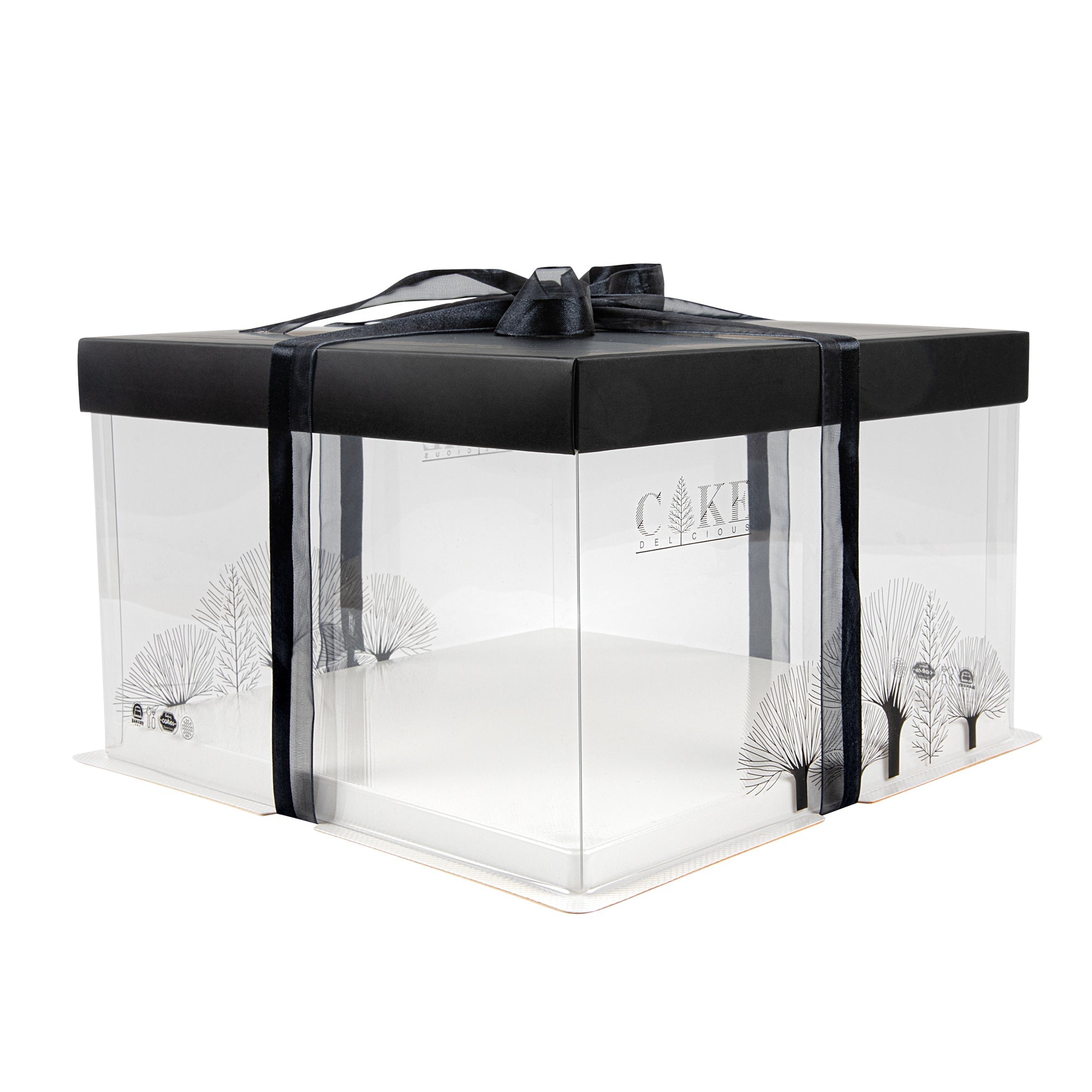 Sweet Vision Square Clear Plastic Cake Box - Black Lid and White Base, Black Ribbon, Tree Accent - 10" x 10" x 8 1/4" - 10 count box