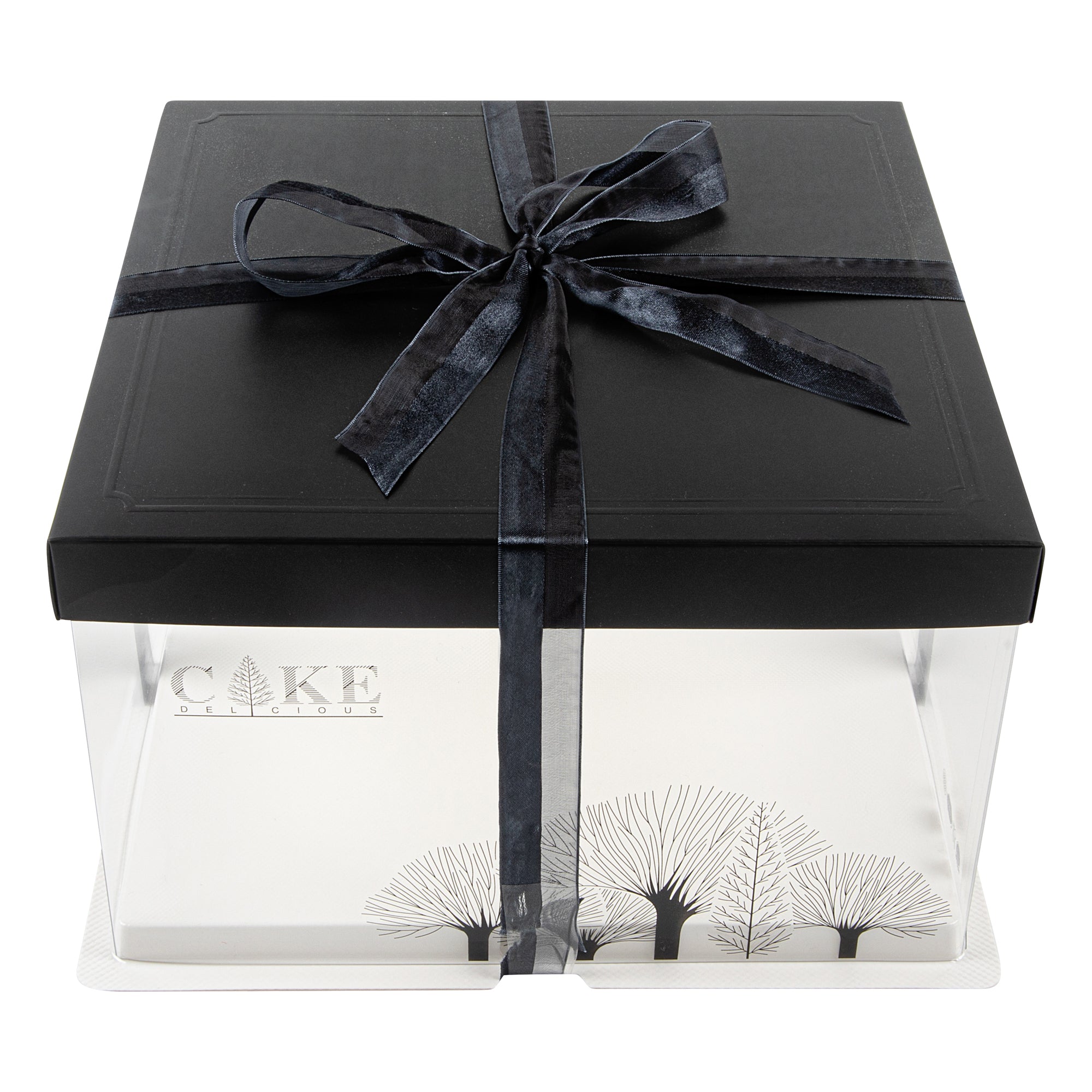 Sweet Vision Square Clear Plastic Cake Box - Black Lid and White Base, Black Ribbon, Tree Accent - 10" x 10" x 8 1/4" - 10 count box