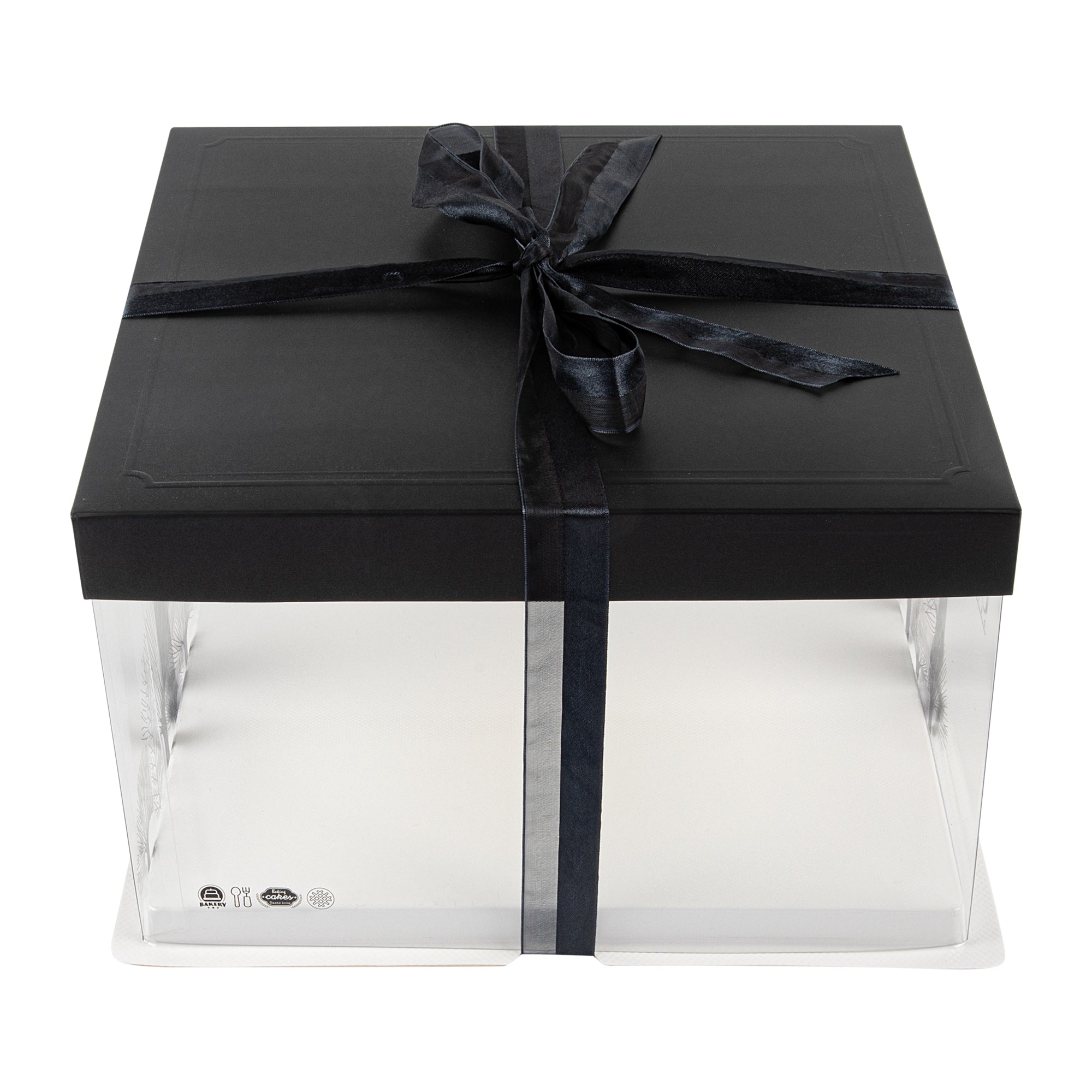 Sweet Vision Square Clear Plastic Cake Box - Black Lid and White Base, Black Ribbon, Tree Accent - 10" x 10" x 8 1/4" - 10 count box