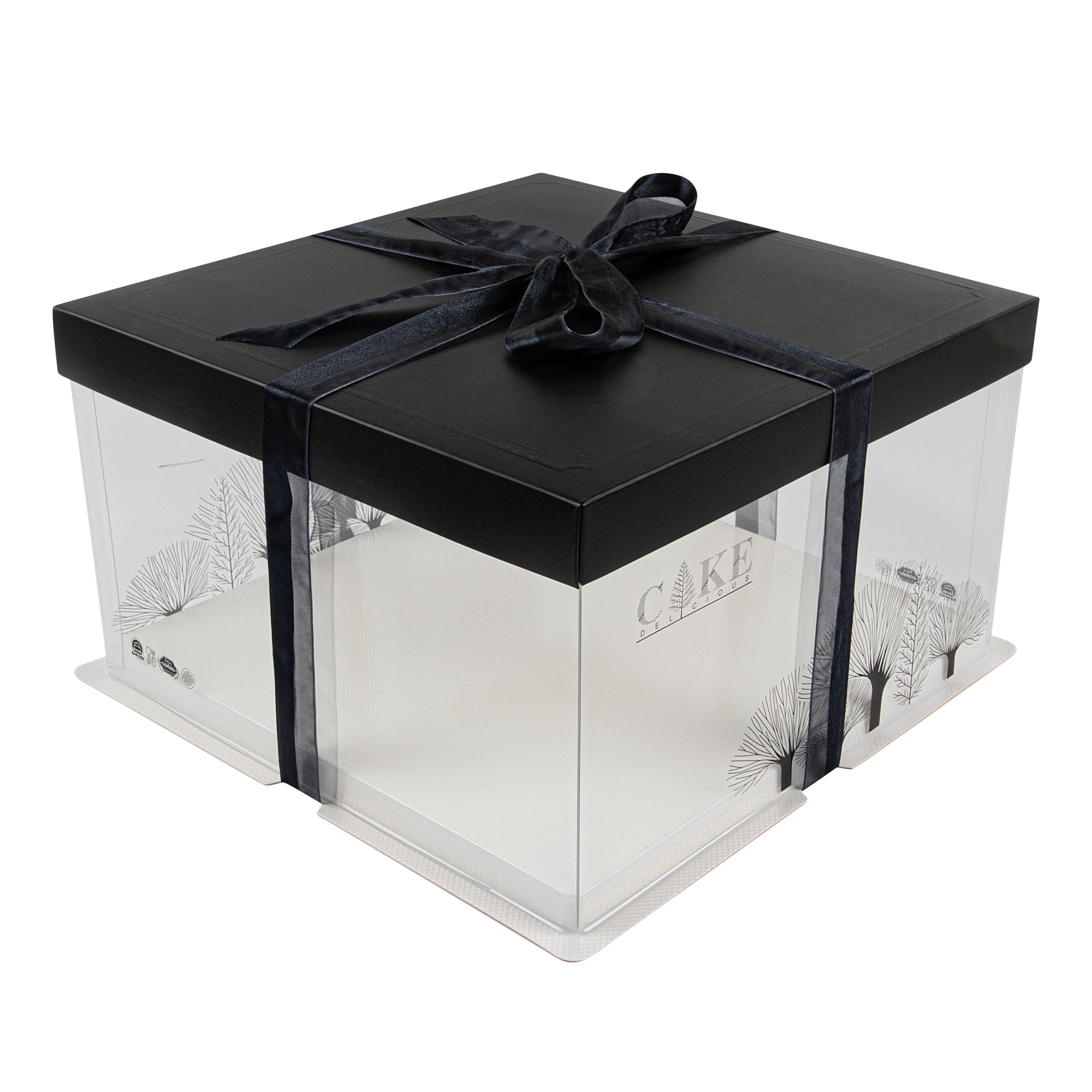 Sweet Vision Square Clear Plastic Cake Box - Black Lid and White Base, Black Ribbon, Tree Accent - 10" x 10" x 8 1/4" - 10 count box