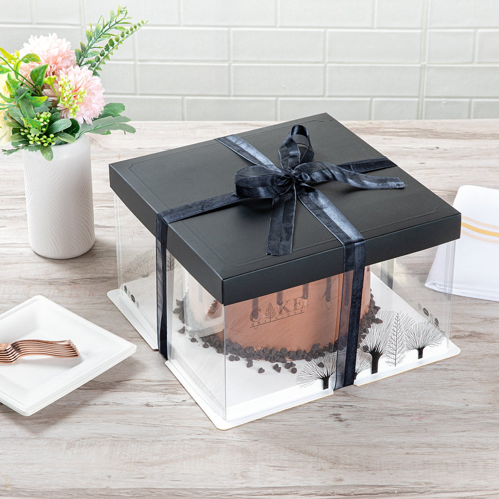 Sweet Vision Square Clear Plastic Cake Box - Black Lid and White Base, Black Ribbon, Tree Accent - 10" x 10" x 8 1/4" - 10 count box