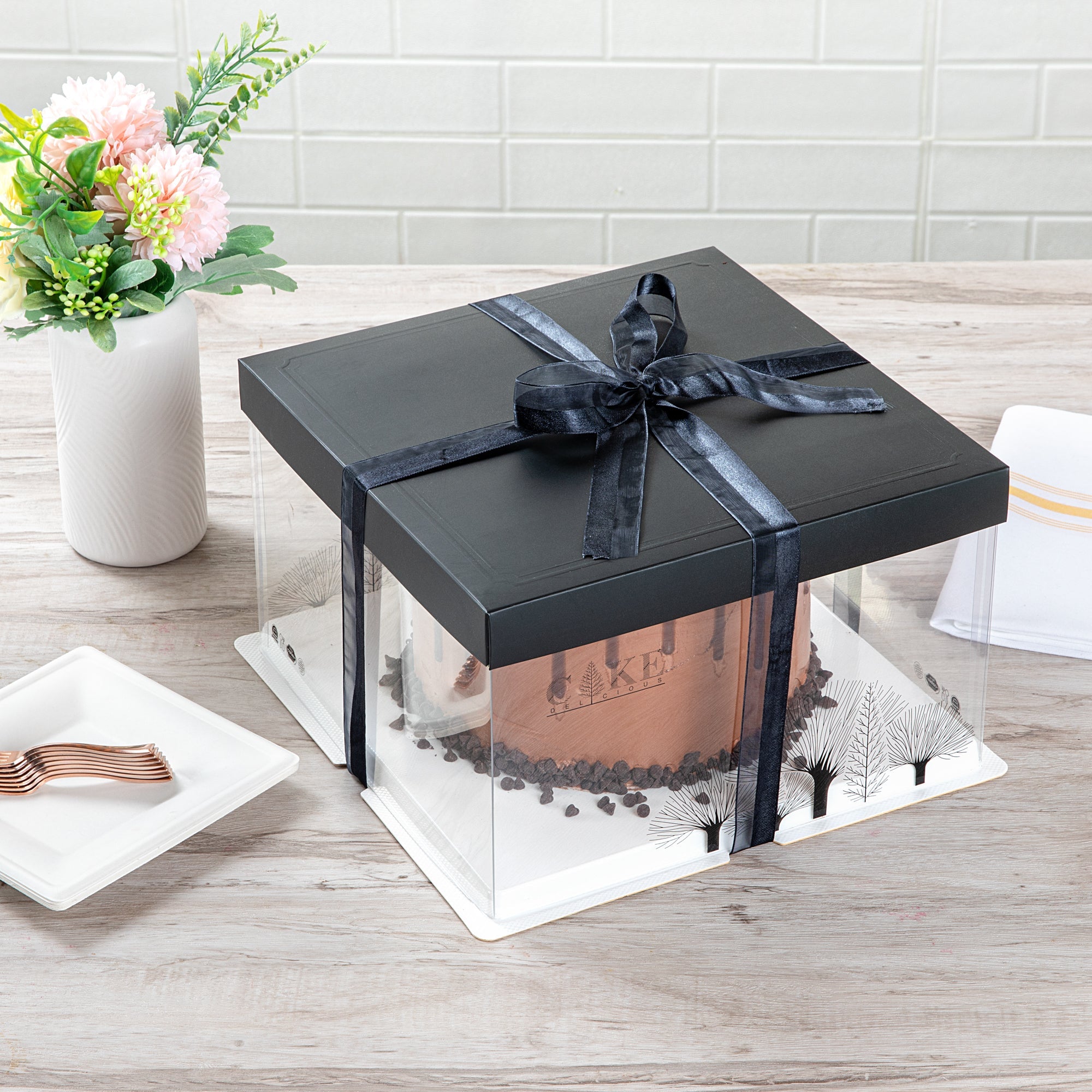 Sweet Vision Square Clear Plastic Cake Box - Black Lid and White Base, Black Ribbon, Tree Accent - 10" x 10" x 8 1/4" - 10 count box