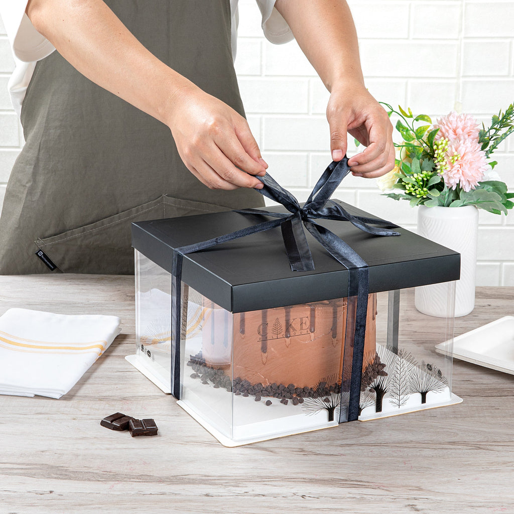 Sweet Vision Square Clear Plastic Cake Box - Black Lid and White Base, Black Ribbon, Tree Accent - 10" x 10" x 8 1/4" - 10 count box