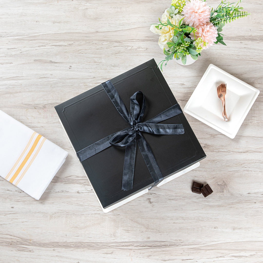 Sweet Vision Square Clear Plastic Cake Box - Black Lid and White Base, Black Ribbon, Tree Accent - 10" x 10" x 8 1/4" - 10 count box
