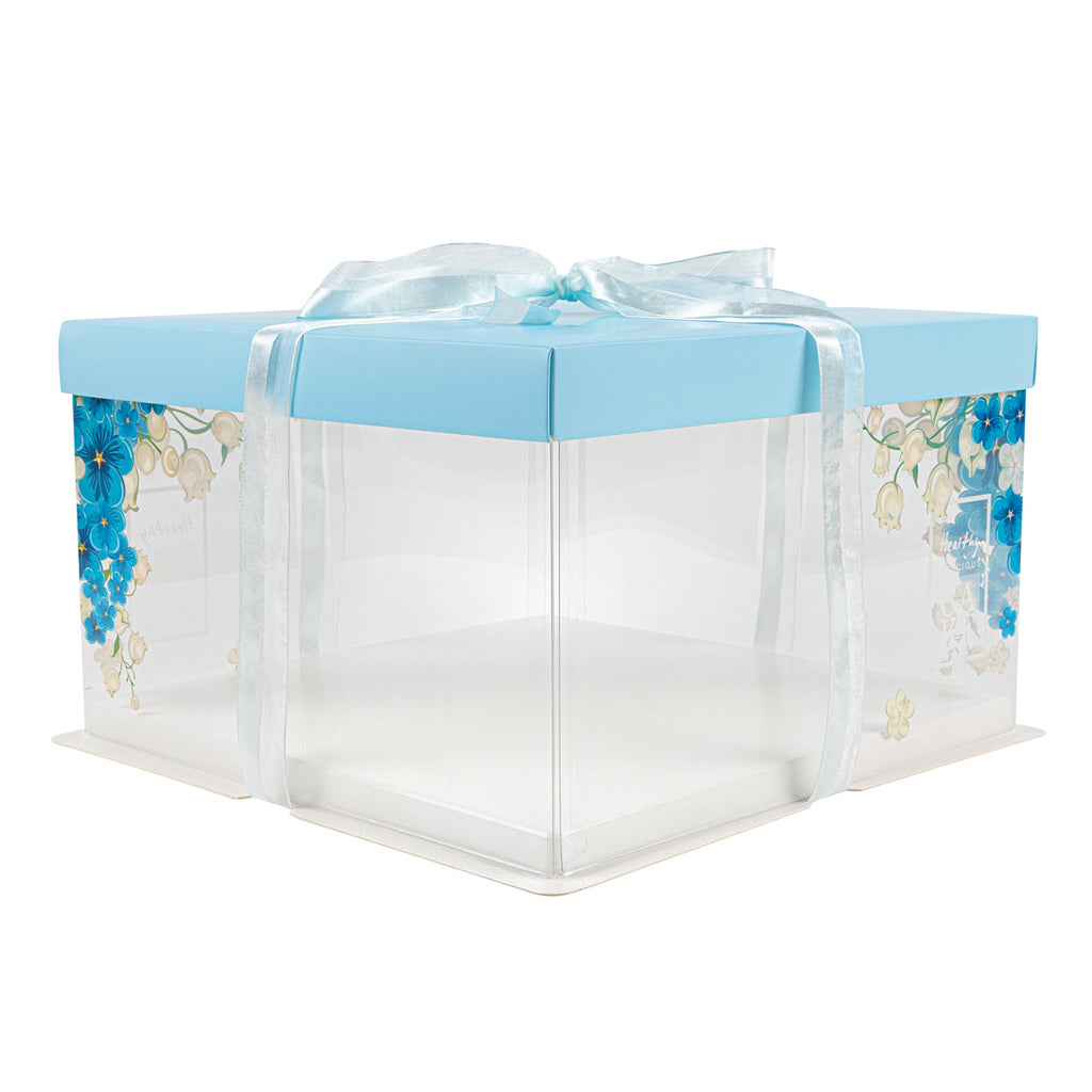 Sweet Vision Square Clear Plastic Cake Box - Blue Lid and White Base, Blue Ribbon, Flower Accent - 10" x 10" x 8 1/4" - 10 count box