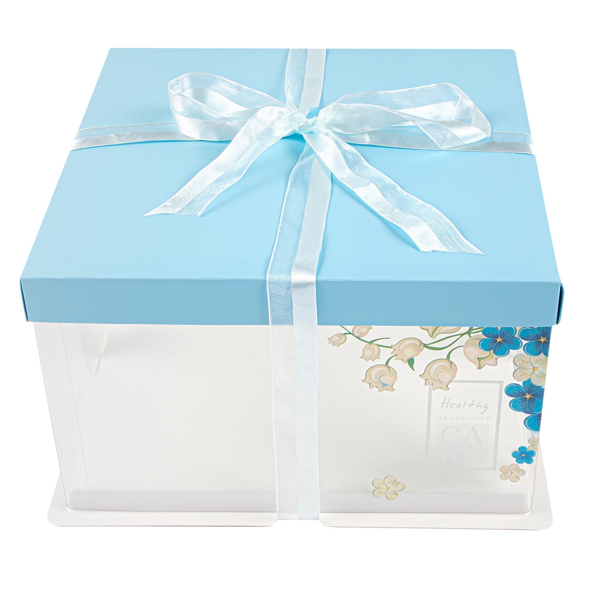 Sweet Vision Square Clear Plastic Cake Box - Blue Lid and White Base, Blue Ribbon, Flower Accent - 10" x 10" x 8 1/4" - 10 count box
