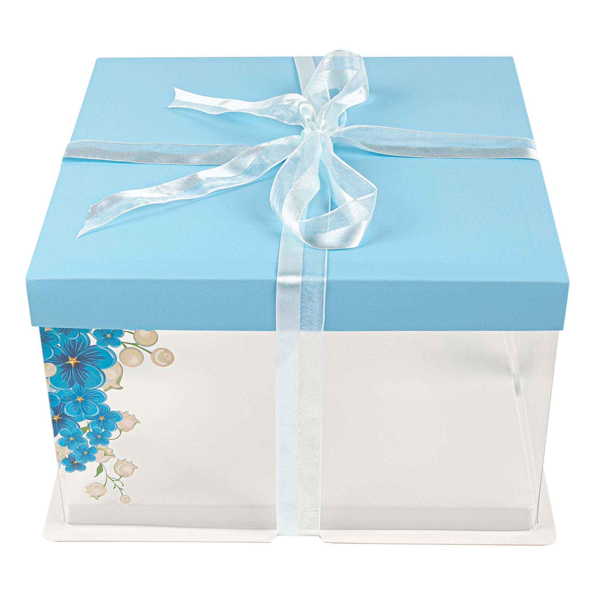 Sweet Vision Square Clear Plastic Cake Box - Blue Lid and White Base, Blue Ribbon, Flower Accent - 10" x 10" x 8 1/4" - 10 count box