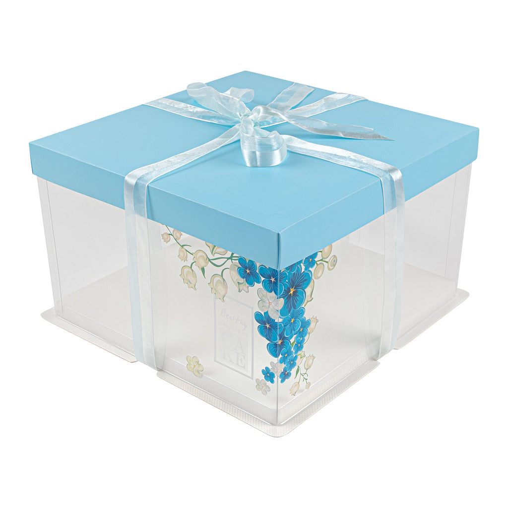 Sweet Vision Square Clear Plastic Cake Box - Blue Lid and White Base, Blue Ribbon, Flower Accent - 10" x 10" x 8 1/4" - 10 count box