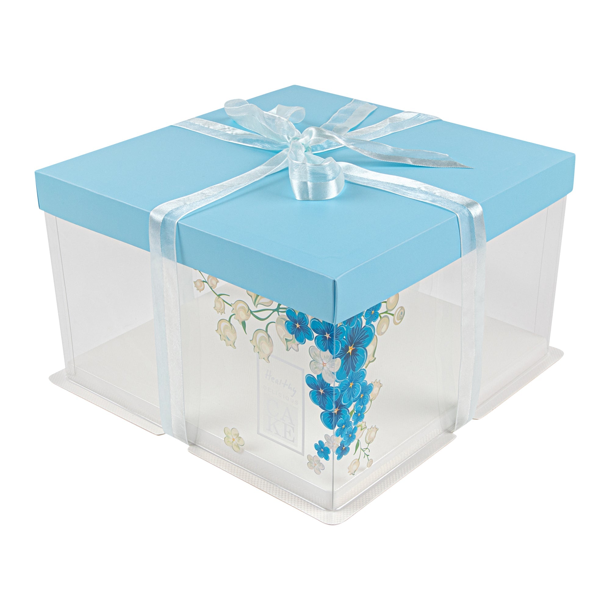 Sweet Vision Square Clear Plastic Cake Box - Blue Lid and White Base, Blue Ribbon, Flower Accent - 10" x 10" x 8 1/4" - 10 count box