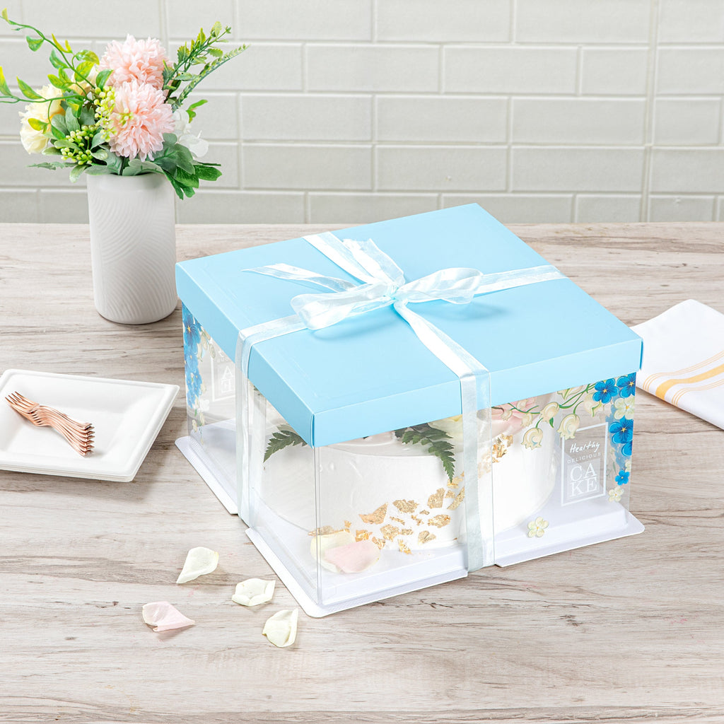 Sweet Vision Square Clear Plastic Cake Box - Blue Lid and White Base, Blue Ribbon, Flower Accent - 10" x 10" x 8 1/4" - 10 count box
