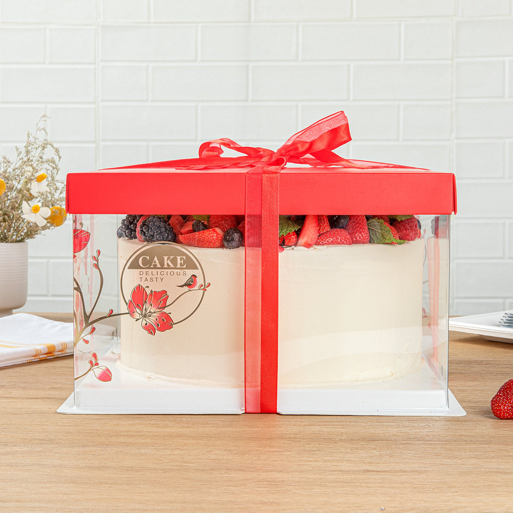 Sweet Vision Square Clear Plastic Cake Box - Red Lid and White Base, Red Ribbon, Flower / Bird Accent - 10" x 10" x 8 1/4" - 10 count box