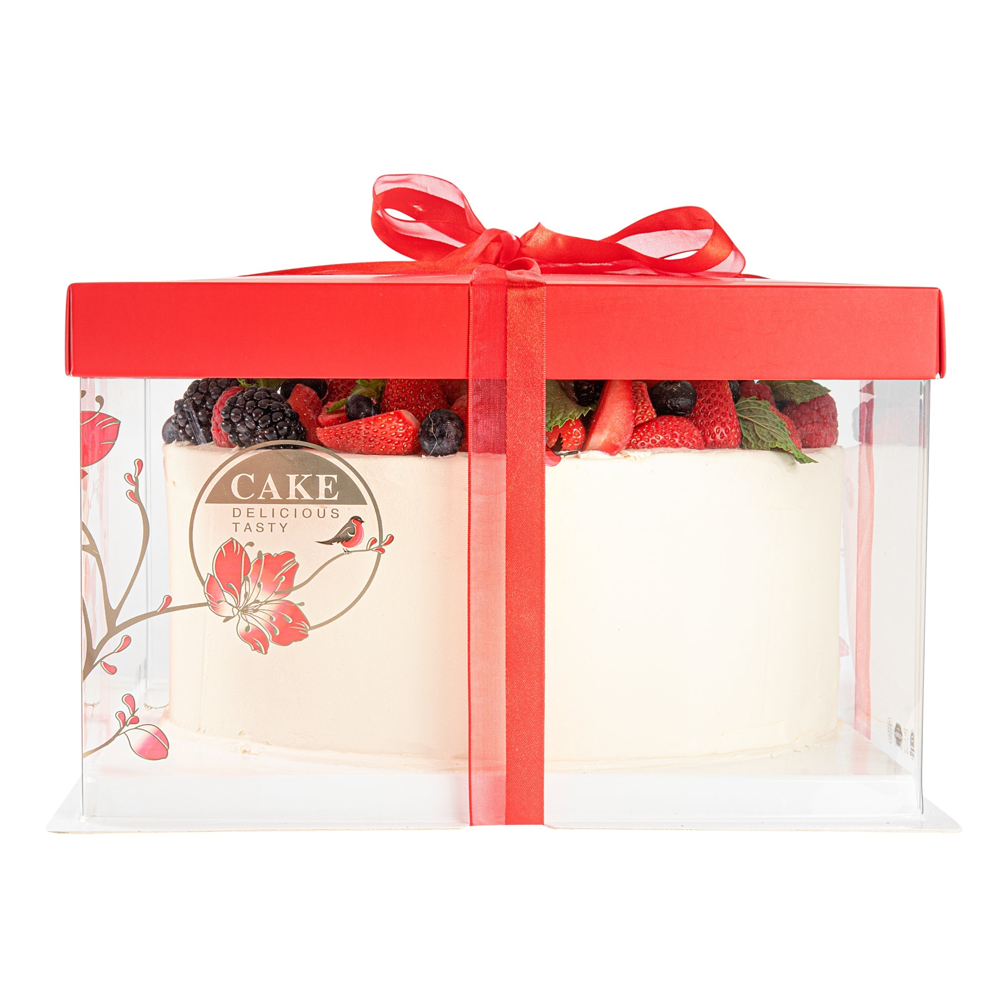 Sweet Vision Square Clear Plastic Cake Box - Red Lid and White Base, Red Ribbon, Flower / Bird Accent - 10" x 10" x 8 1/4" - 10 count box