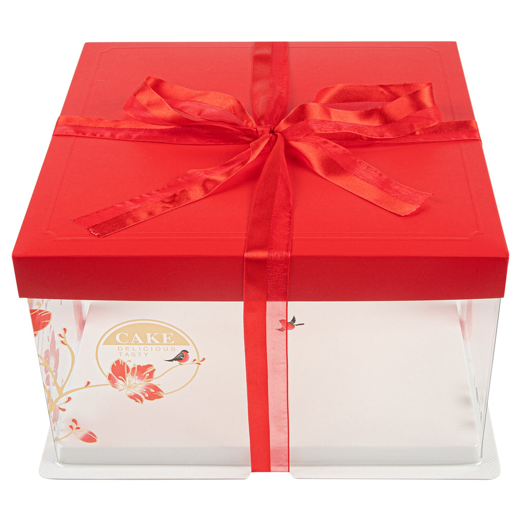 Sweet Vision Square Clear Plastic Cake Box - Red Lid and White Base, Red Ribbon, Flower / Bird Accent - 10" x 10" x 8 1/4" - 10 count box