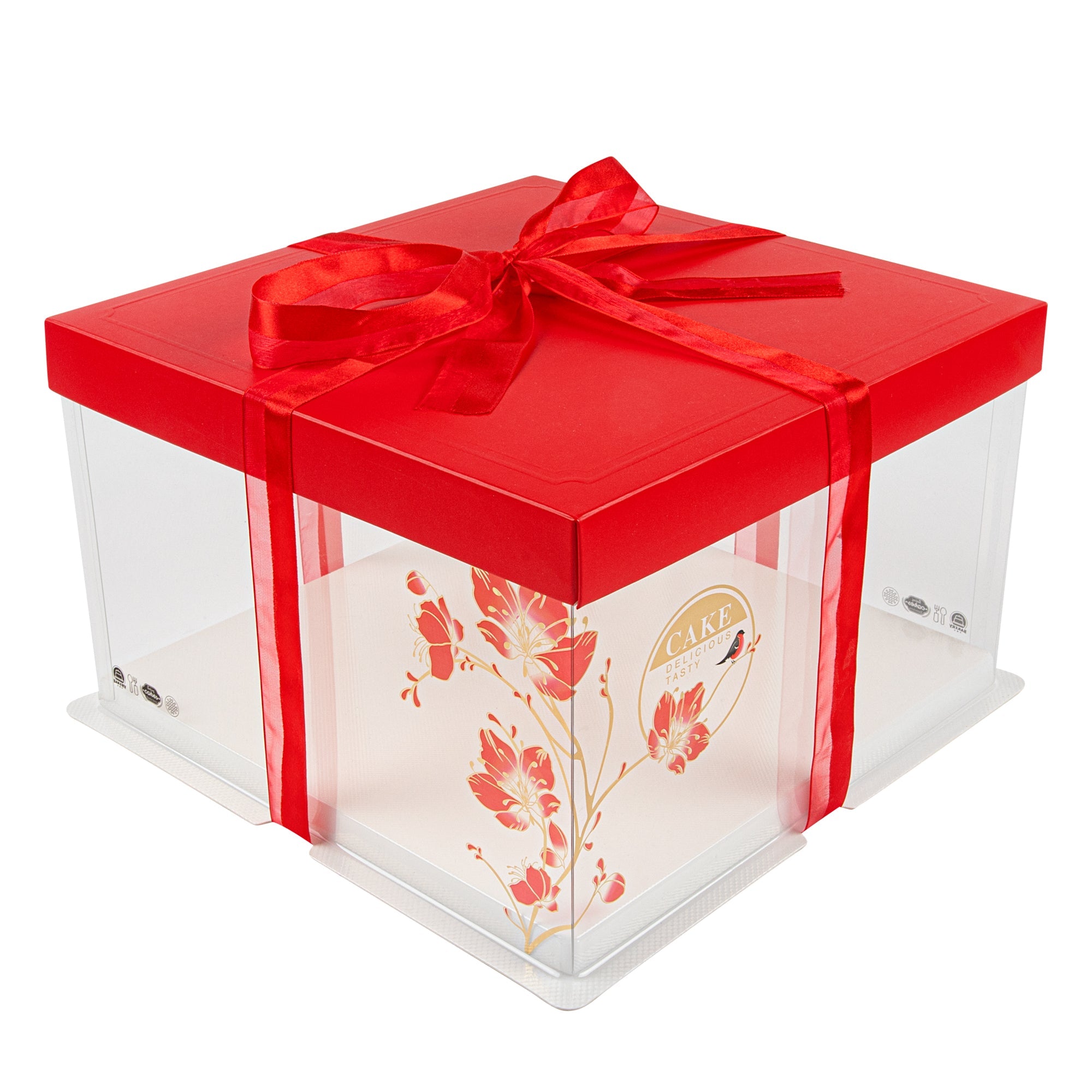 Sweet Vision Square Clear Plastic Cake Box - Red Lid and White Base, Red Ribbon, Flower / Bird Accent - 10" x 10" x 8 1/4" - 10 count box