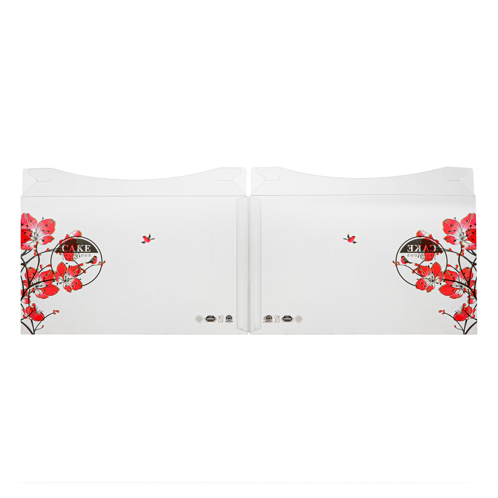 Sweet Vision Square Clear Plastic Cake Box - Red Lid and White Base, Red Ribbon, Flower / Bird Accent - 10" x 10" x 8 1/4" - 10 count box