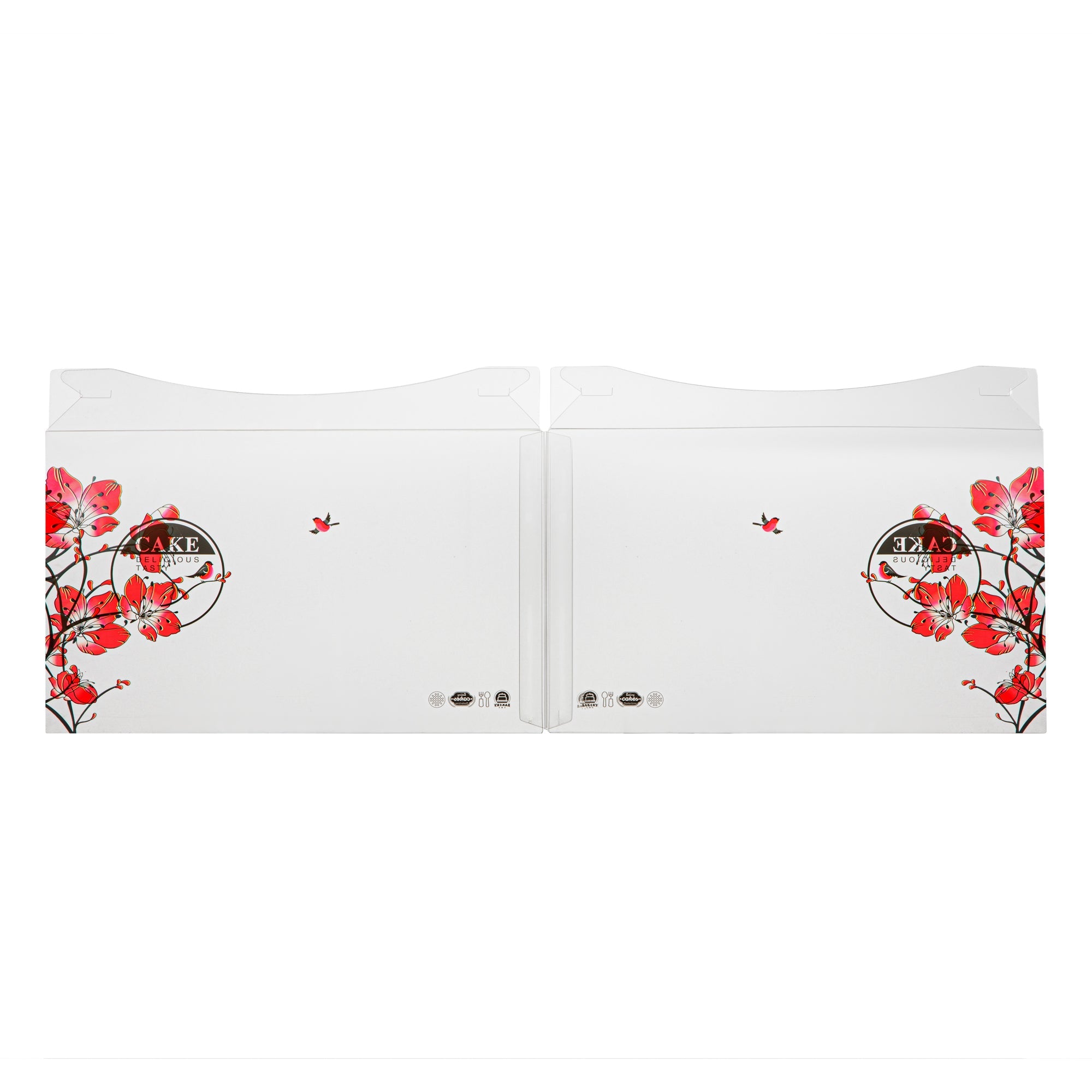 Sweet Vision Square Clear Plastic Cake Box - Red Lid and White Base, Red Ribbon, Flower / Bird Accent - 10" x 10" x 8 1/4" - 10 count box