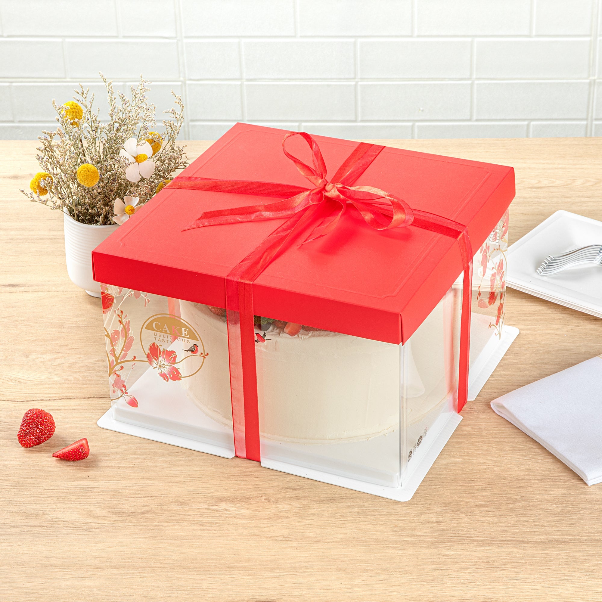 Sweet Vision Square Clear Plastic Cake Box - Red Lid and White Base, Red Ribbon, Flower / Bird Accent - 10" x 10" x 8 1/4" - 10 count box