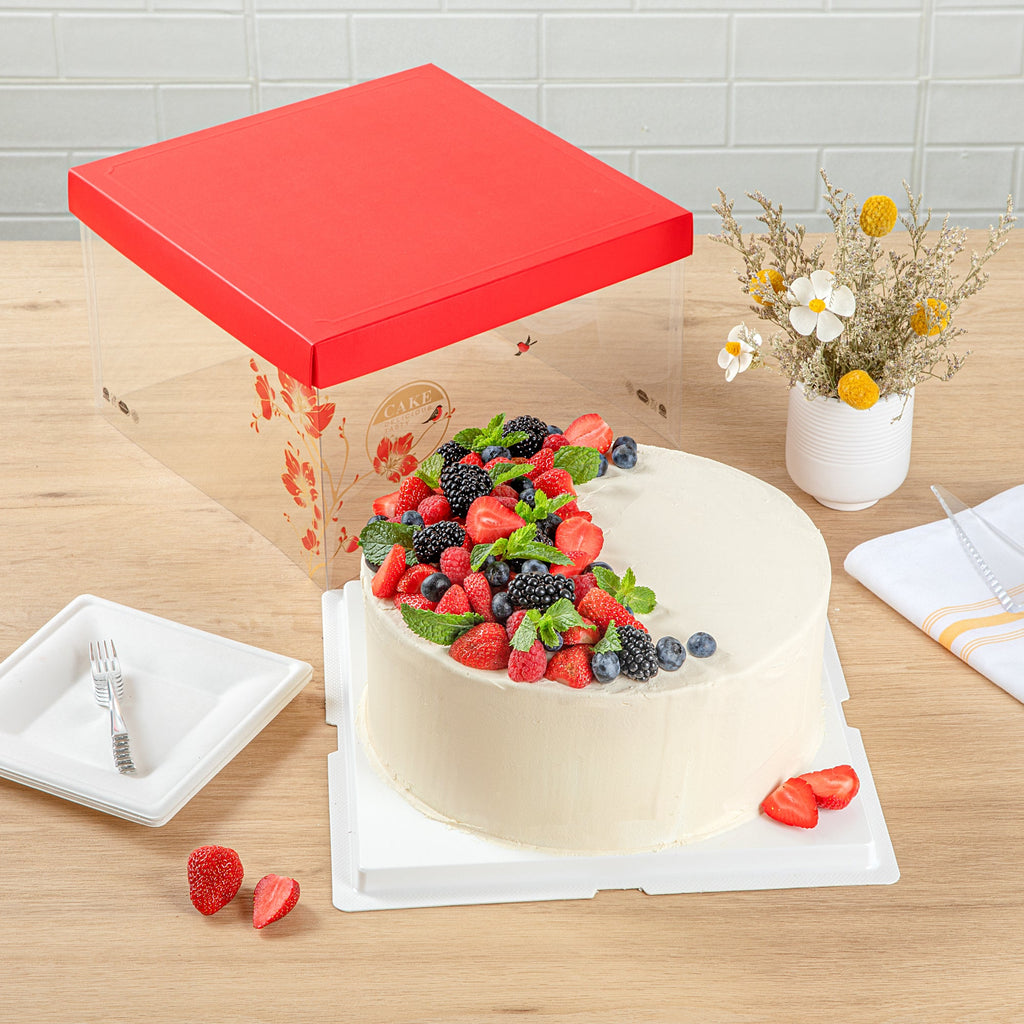 Sweet Vision Square Clear Plastic Cake Box - Red Lid and White Base, Red Ribbon, Flower / Bird Accent - 10" x 10" x 8 1/4" - 10 count box