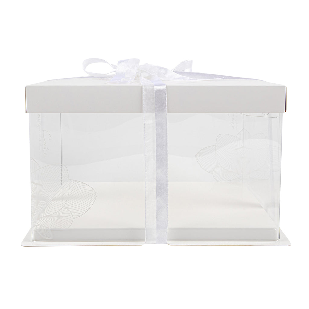 Sweet Vision Square Clear Plastic Cake Box - White Lid and White Base, Gray Ribbon, Lotus Accent - 10" x 10" x 8 1/4" - 10 count box