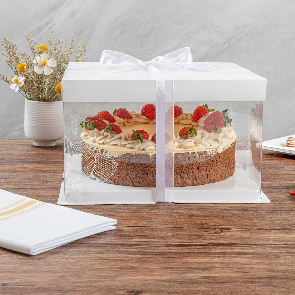 Sweet Vision Square Clear Plastic Cake Box - White Lid and White Base, Gray Ribbon, Lotus Accent - 10" x 10" x 8 1/4" - 10 count box
