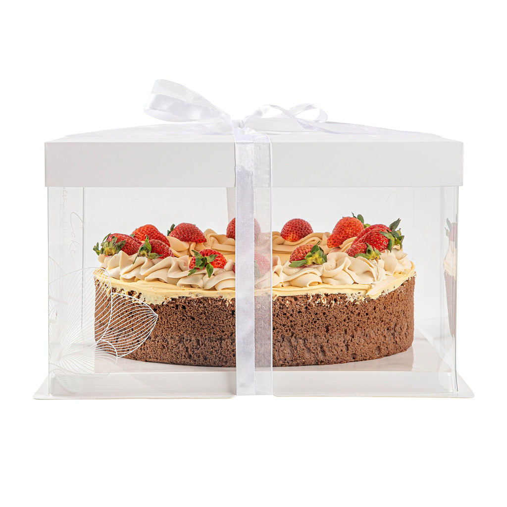 Sweet Vision Square Clear Plastic Cake Box - White Lid and White Base, Gray Ribbon, Lotus Accent - 10" x 10" x 8 1/4" - 10 count box