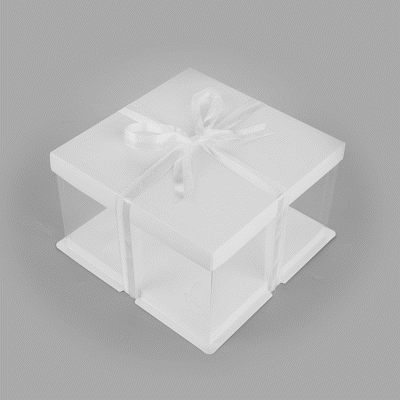 Sweet Vision Square Clear Plastic Cake Box - White Lid and White Base, Gray Ribbon, Lotus Accent - 10" x 10" x 8 1/4" - 10 count box