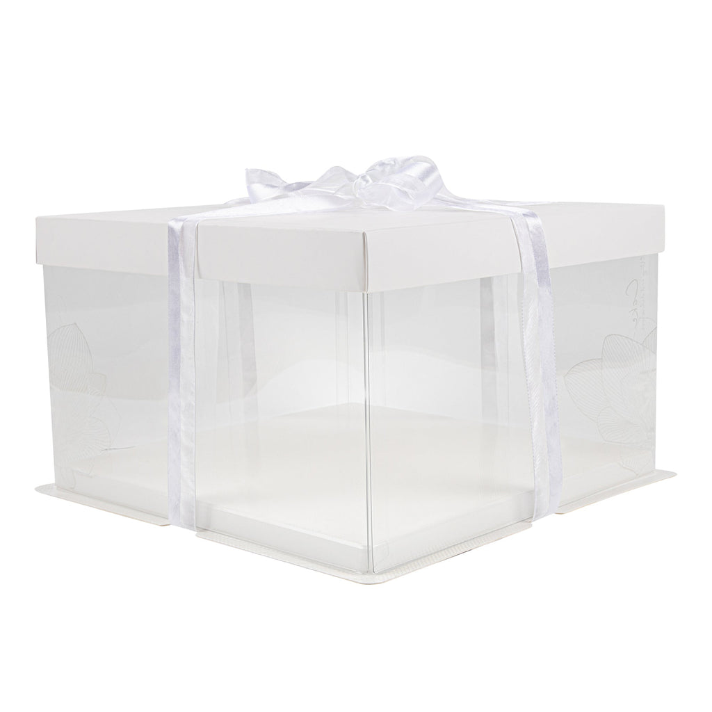 Sweet Vision Square Clear Plastic Cake Box - White Lid and White Base, Gray Ribbon, Lotus Accent - 10" x 10" x 8 1/4" - 10 count box