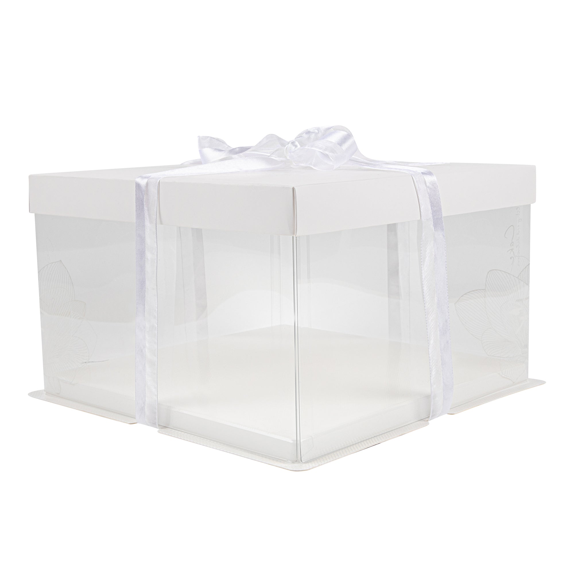 Sweet Vision Square Clear Plastic Cake Box - White Lid and White Base, Gray Ribbon, Lotus Accent - 10" x 10" x 8 1/4" - 10 count box