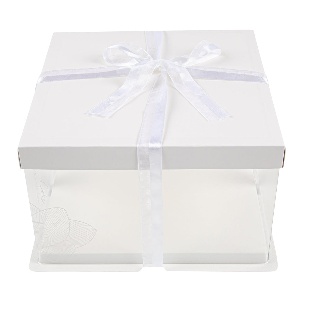 Sweet Vision Square Clear Plastic Cake Box - White Lid and White Base, Gray Ribbon, Lotus Accent - 10" x 10" x 8 1/4" - 10 count box