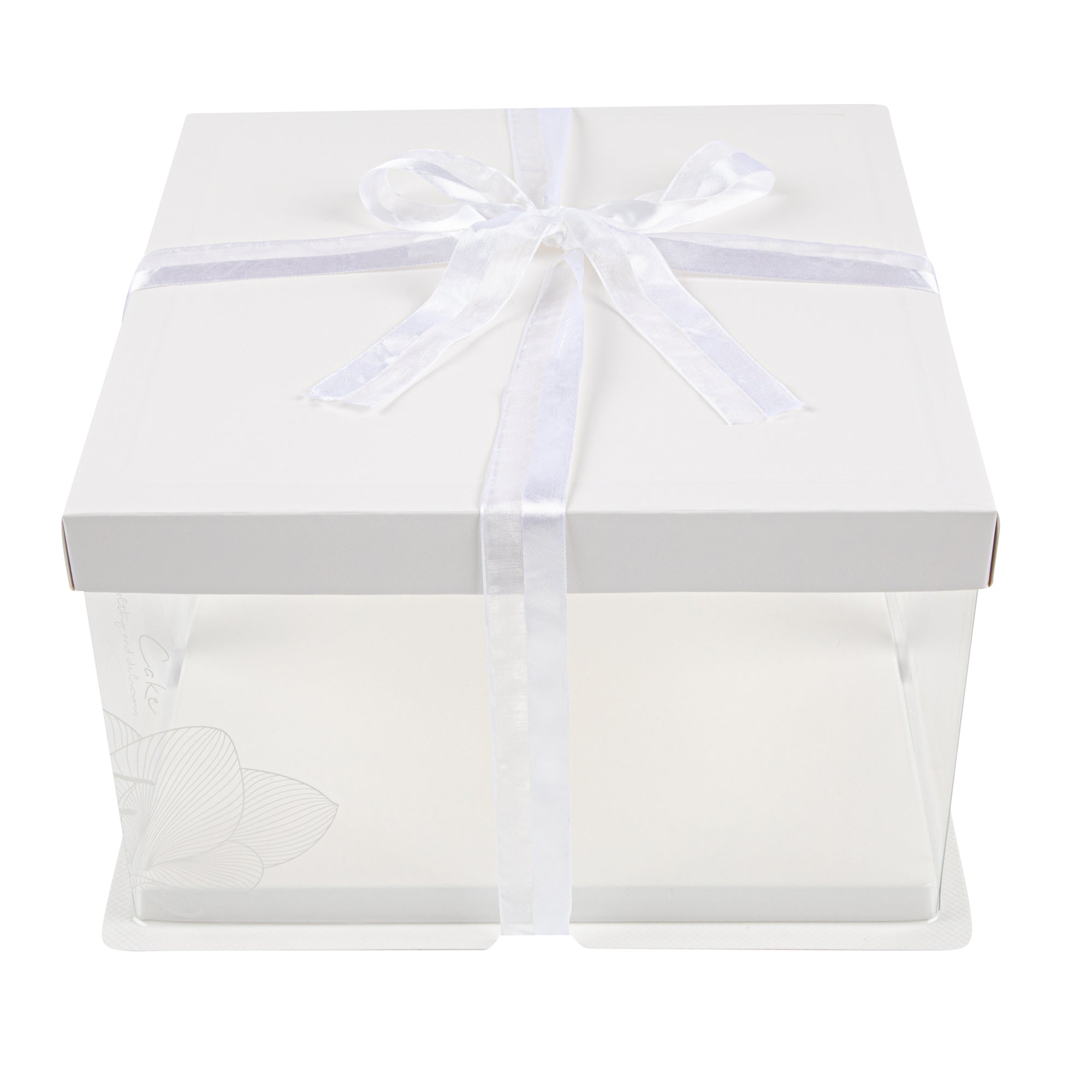 Sweet Vision Square Clear Plastic Cake Box - White Lid and White Base, Gray Ribbon, Lotus Accent - 10" x 10" x 8 1/4" - 10 count box